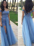 A Line Off the Shoulder Chiffon Beadings Prom Dress with Slit LBQ2632